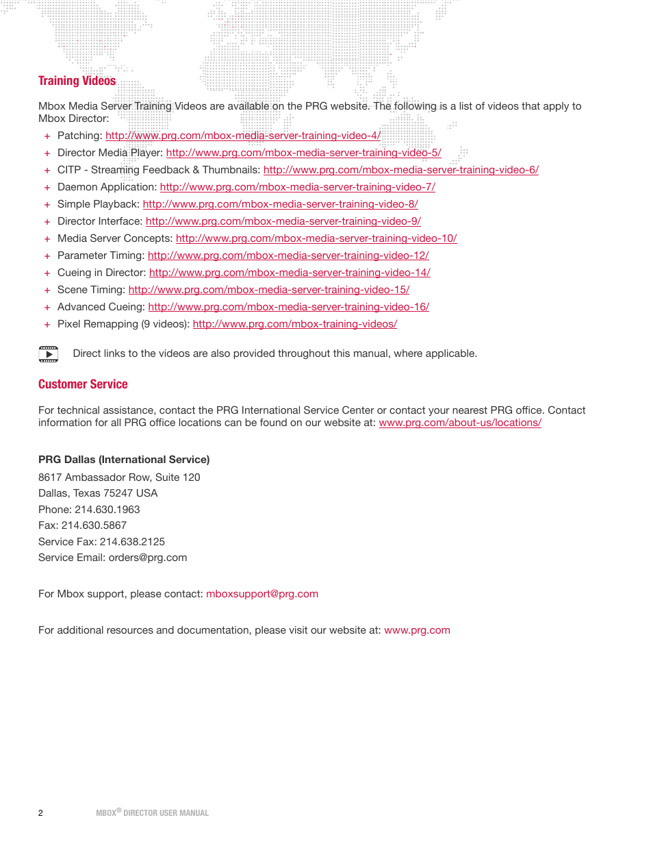Training videos, Customer service | PRG Mbox Director User Manual v3.7 User Manual | Page 8 / 80