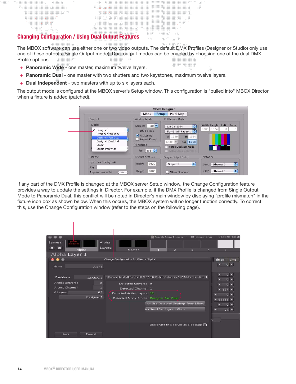 Changing configuration, Using dual output features, Changing | Configuration / using dual output features | PRG Mbox Director User Manual v3.6.1 User Manual | Page 20 / 80