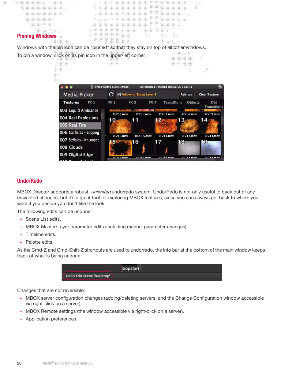 Pinning windows, Undo/redo | PRG Mbox Director User Manual v3.6.1 User Manual | Page 34 / 80