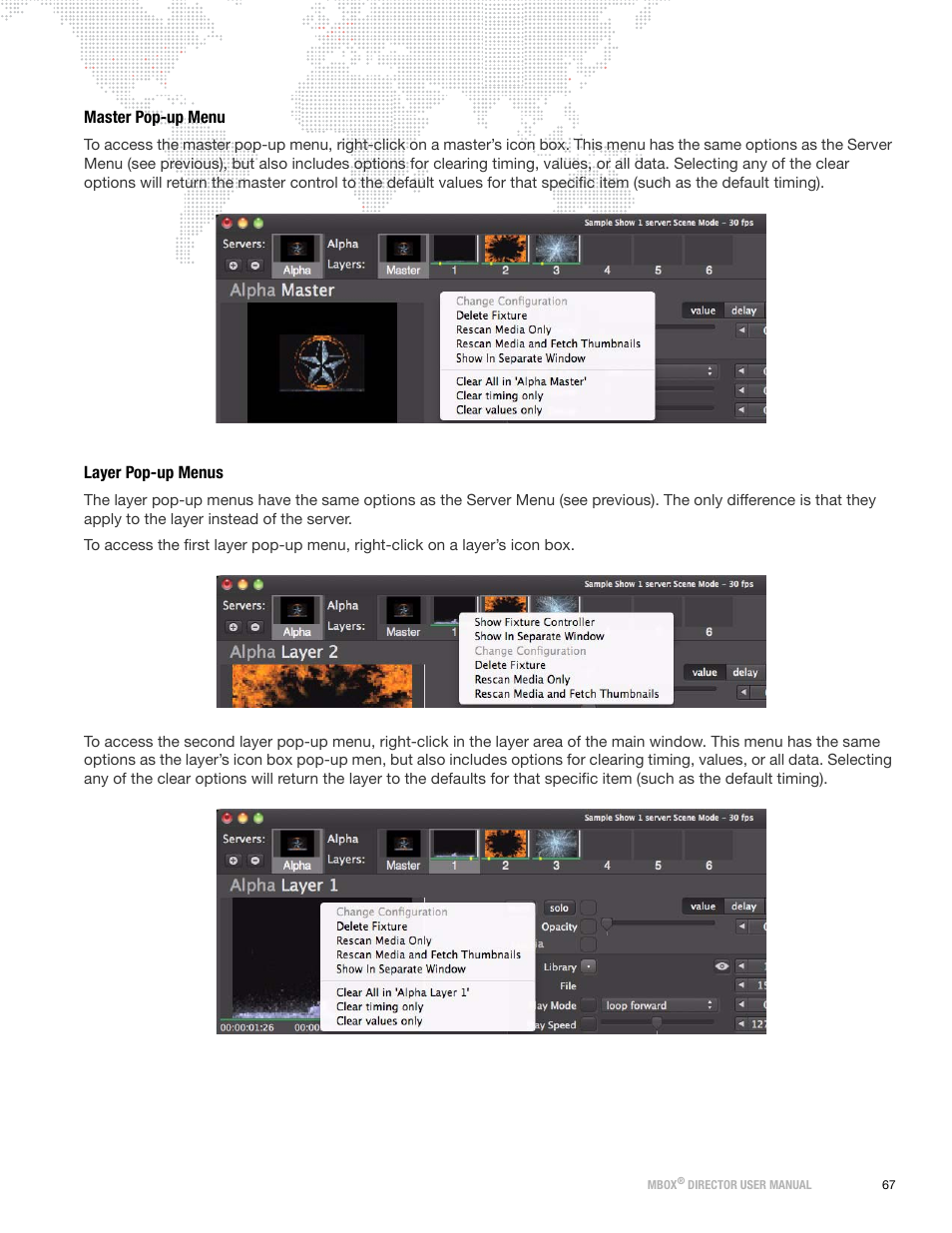 Master pop-up menu, Layer pop-up menus | PRG Mbox Director User Manual v3.6.1 User Manual | Page 73 / 80