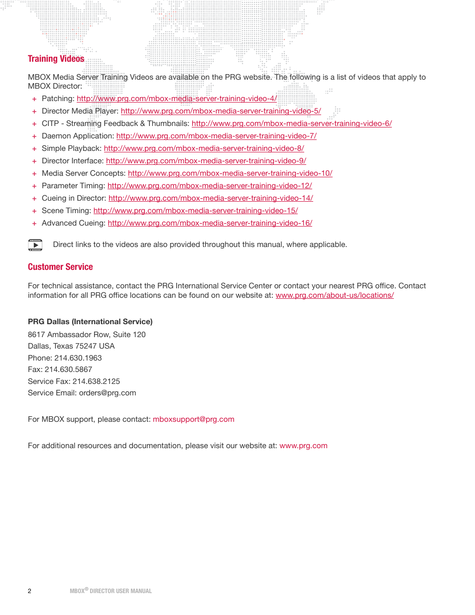 Training videos, Customer service | PRG Mbox Director User Manual v3.6.1 User Manual | Page 8 / 80