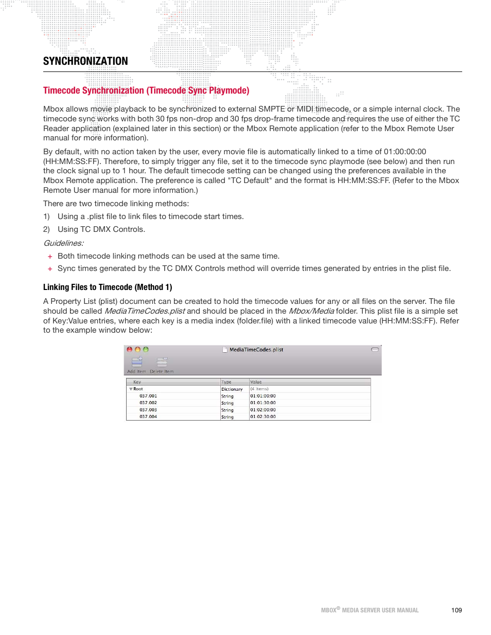 Synchronization, Timecode synchronization (timecode sync playmode), Linking files to timecode (method 1) | PRG Mbox Designer Manual 3.9 User Manual | Page 117 / 206