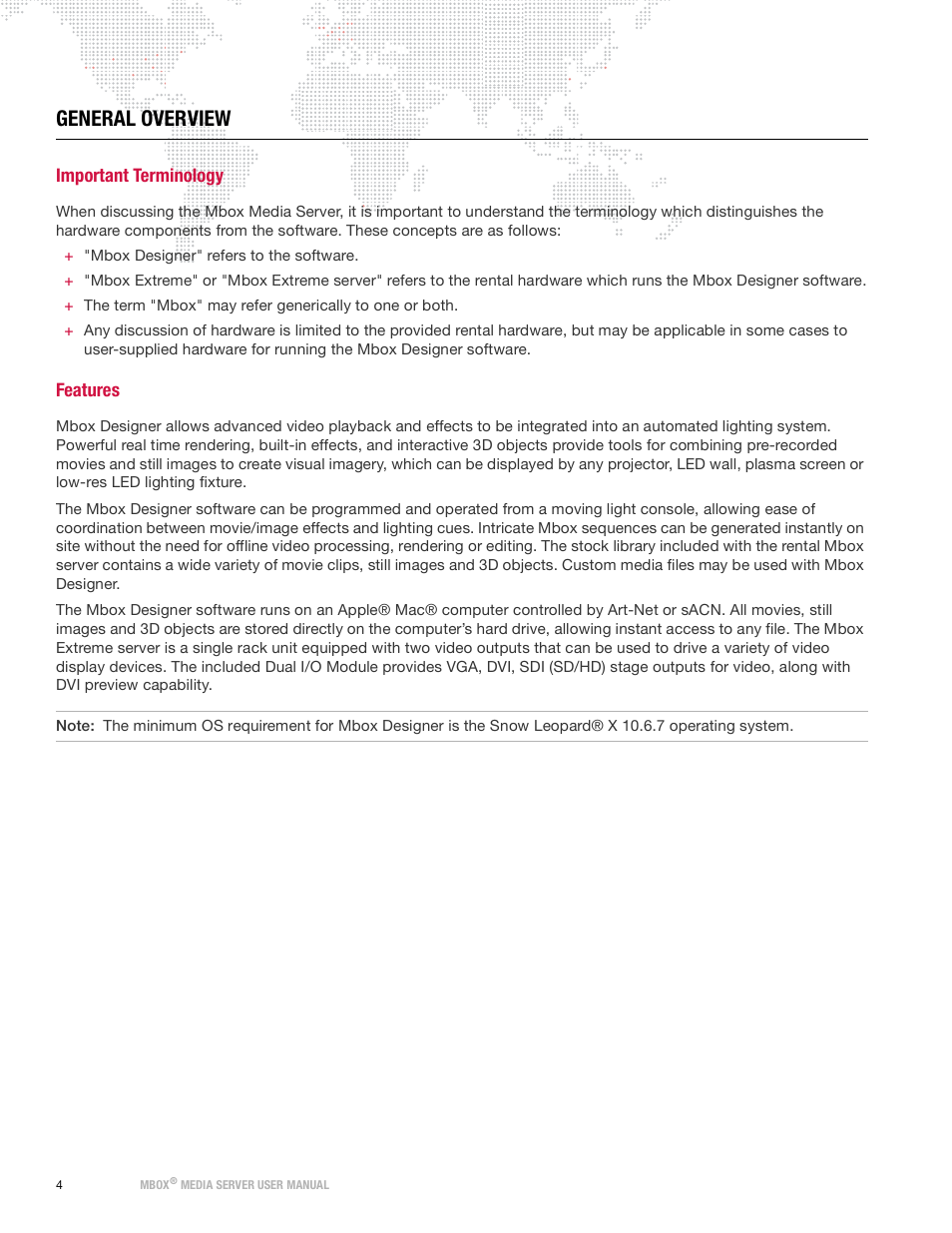 General overview, Important terminology, Features | Important terminology features | PRG Mbox Designer Manual 3.9 User Manual | Page 12 / 206