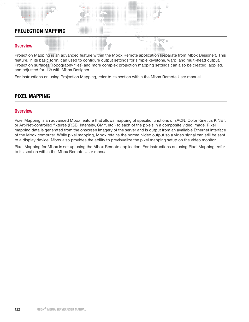 Projection mapping, Overview, Pixel mapping | PRG Mbox Designer Manual 3.9 User Manual | Page 130 / 206