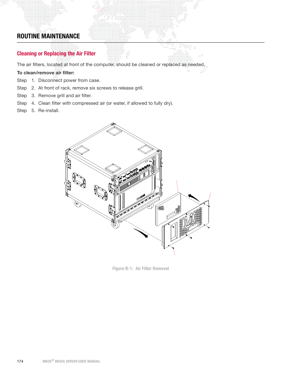 Routine maintenance, Cleaning or replacing the air filter | PRG Mbox Designer Manual 3.9 User Manual | Page 182 / 206