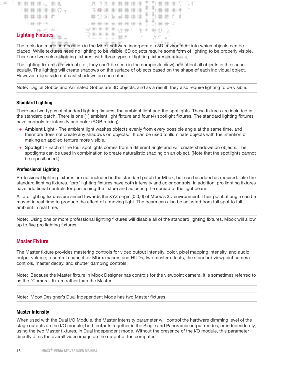 Lighting fixtures, Standard lighting, Professional lighting | Master fixture, Master intensity, Standard lighting professional lighting | PRG Mbox Designer Manual 3.9 User Manual | Page 24 / 206