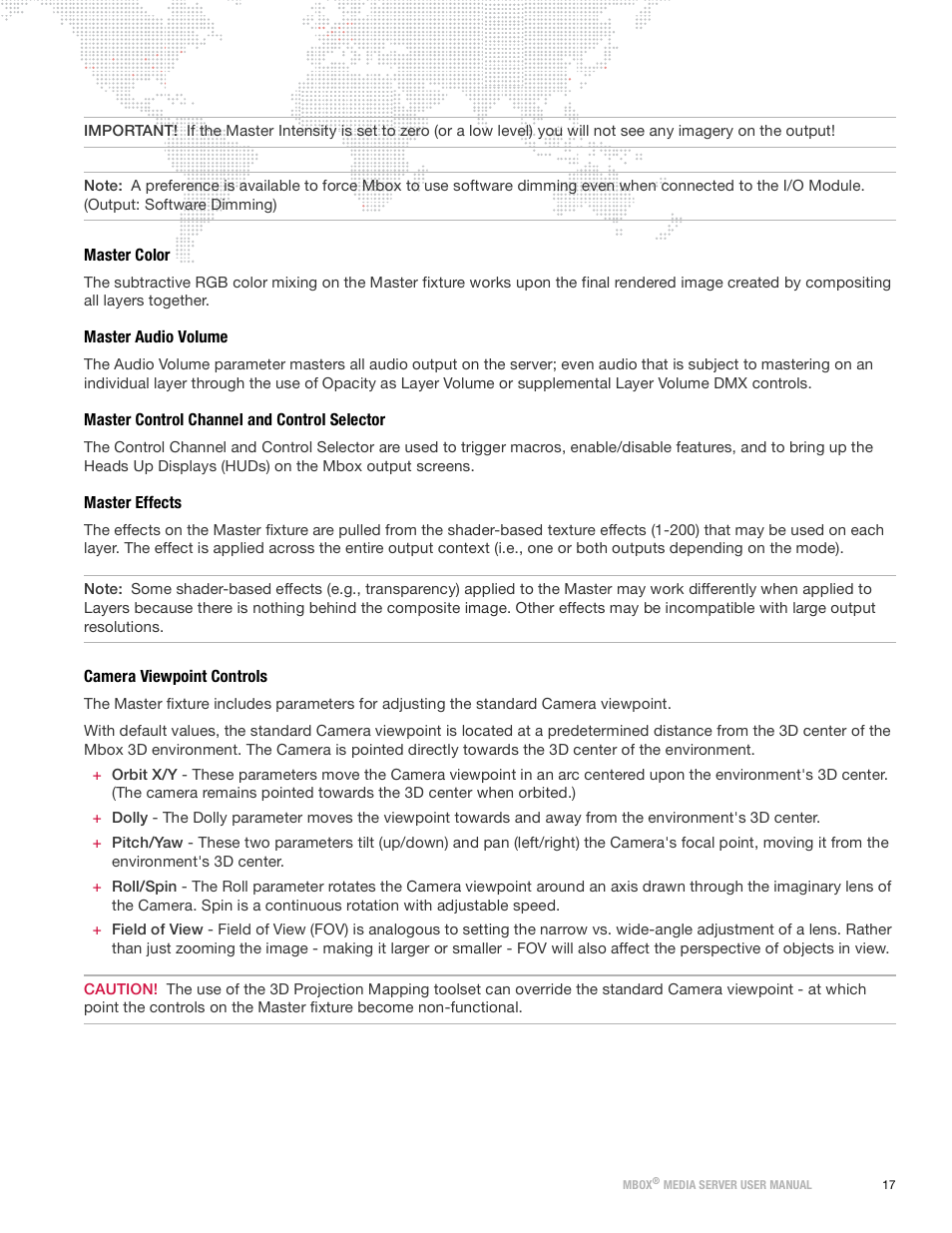 Master color, Master audio volume, Master control channel and control selector | Master effects, Camera viewpoint controls | PRG Mbox Designer Manual 3.9 User Manual | Page 25 / 206