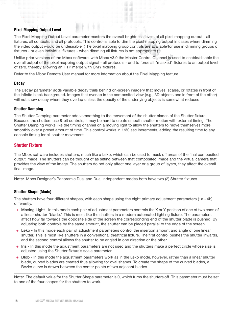 Pixel mapping output level, Decay, Shutter damping | Shutter fixture, Shutter shape (mode), Pixel mapping output level decay shutter damping | PRG Mbox Designer Manual 3.9 User Manual | Page 26 / 206