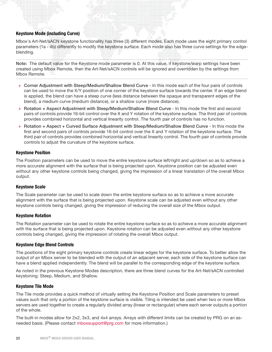 Keystone mode (including curve), Keystone position, Keystone scale | Keystone rotation, Keystone edge blend controls, Keystone tile mode | PRG Mbox Designer Manual 3.9 User Manual | Page 28 / 206