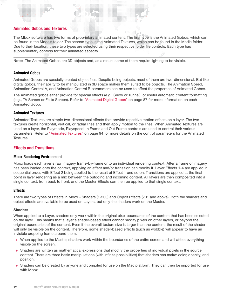 Animated gobos and textures, Animated gobos, Animated textures | Effects and transitions, Mbox rendering environment, Effects, Animated gobos animated textures | PRG Mbox Designer Manual 3.9 User Manual | Page 30 / 206