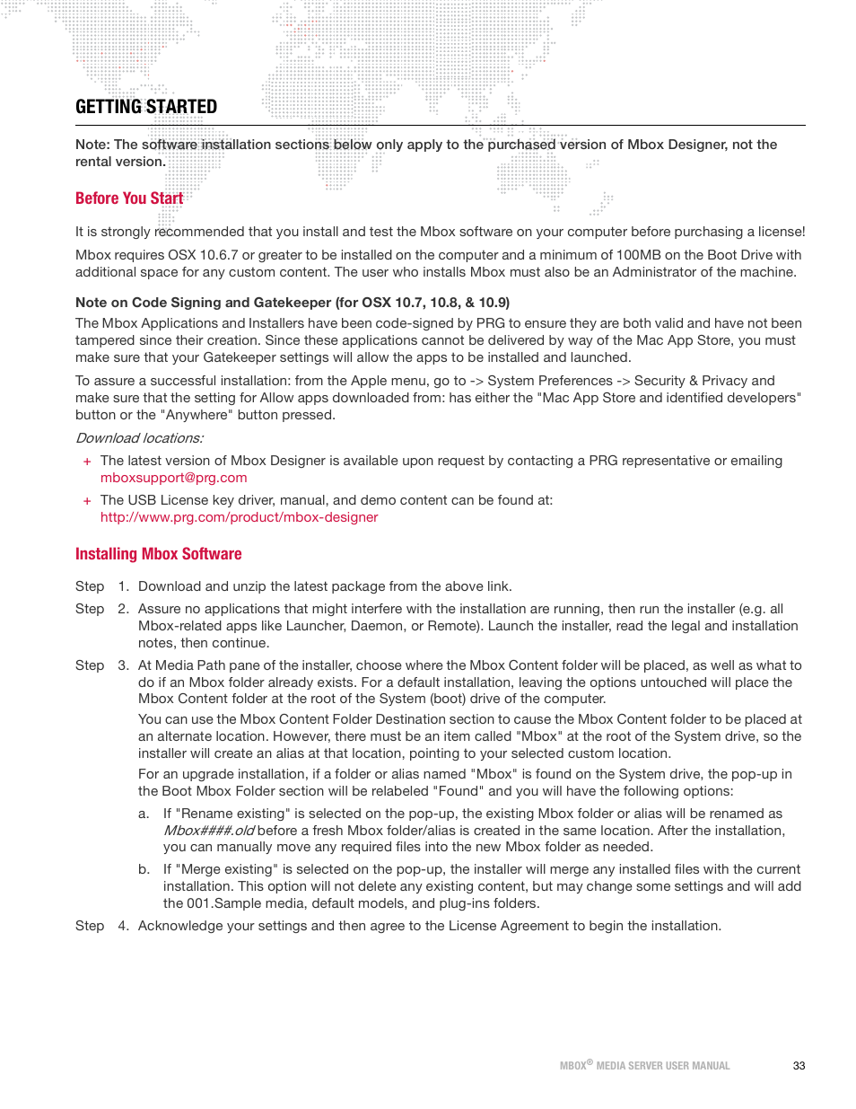 Getting started, Before you start, Installing mbox software | Before you start installing mbox software | PRG Mbox Designer Manual 3.9 User Manual | Page 41 / 206