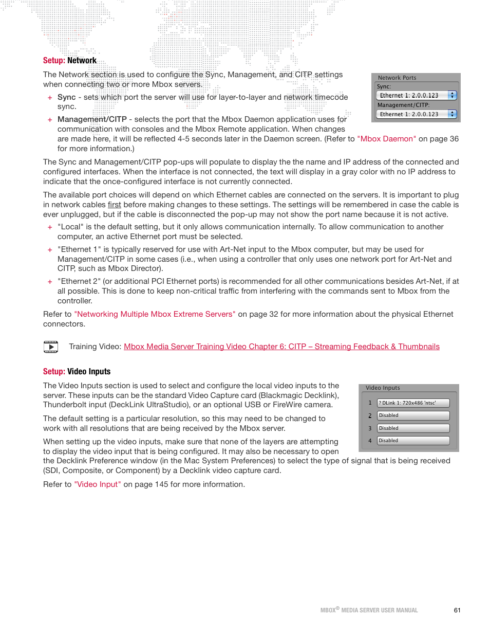 Setup: network, Setup: video inputs, Setup: network setup: video inputs | PRG Mbox Designer Manual 3.9 User Manual | Page 69 / 206