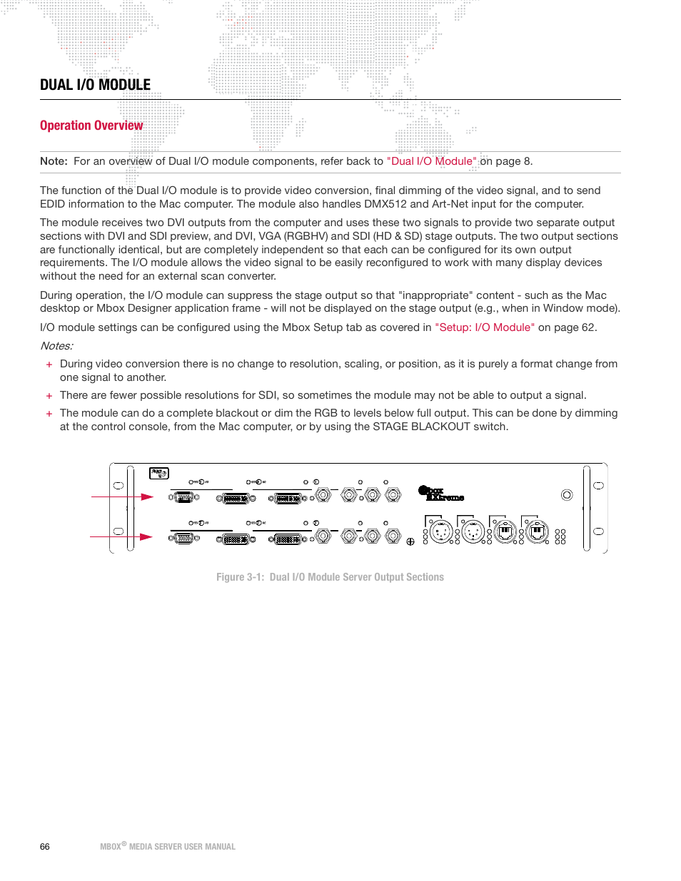 Dual i/o module, Operation overview, 66 mbox | Media server user manual, Server output 1 server output 2 | PRG Mbox Designer Manual 3.9 User Manual | Page 74 / 206