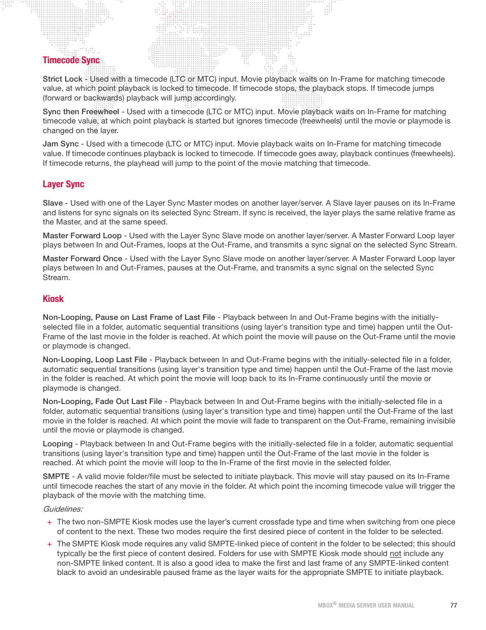 Timecode sync, Layer sync, Kiosk | Timecode sync layer sync kiosk | PRG Mbox Designer Manual 3.9 User Manual | Page 85 / 206