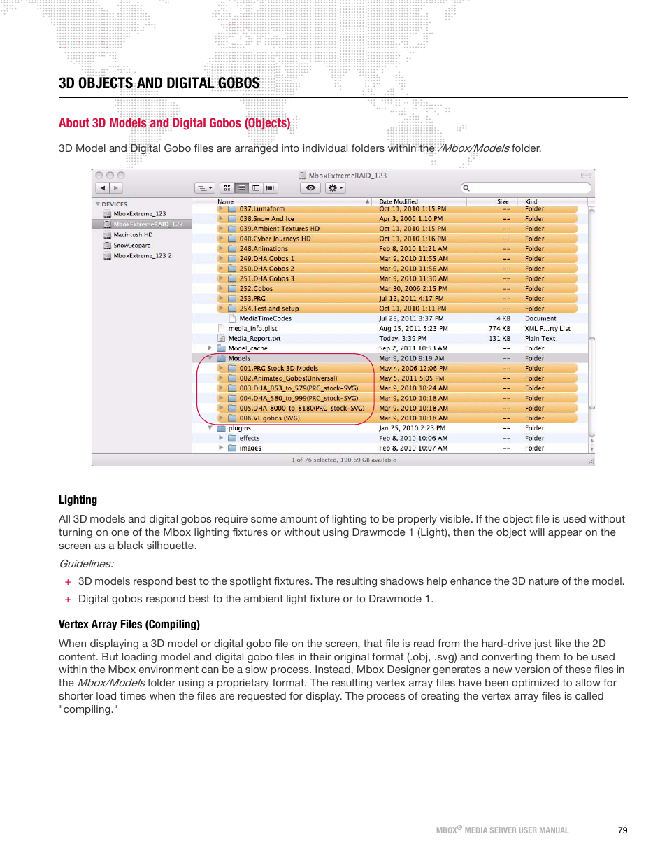 3d objects and digital gobos, About 3d models and digital gobos (objects), Lighting | Vertex array files (compiling), Lighting vertex array files (compiling) | PRG Mbox Designer Manual 3.9 User Manual | Page 87 / 206