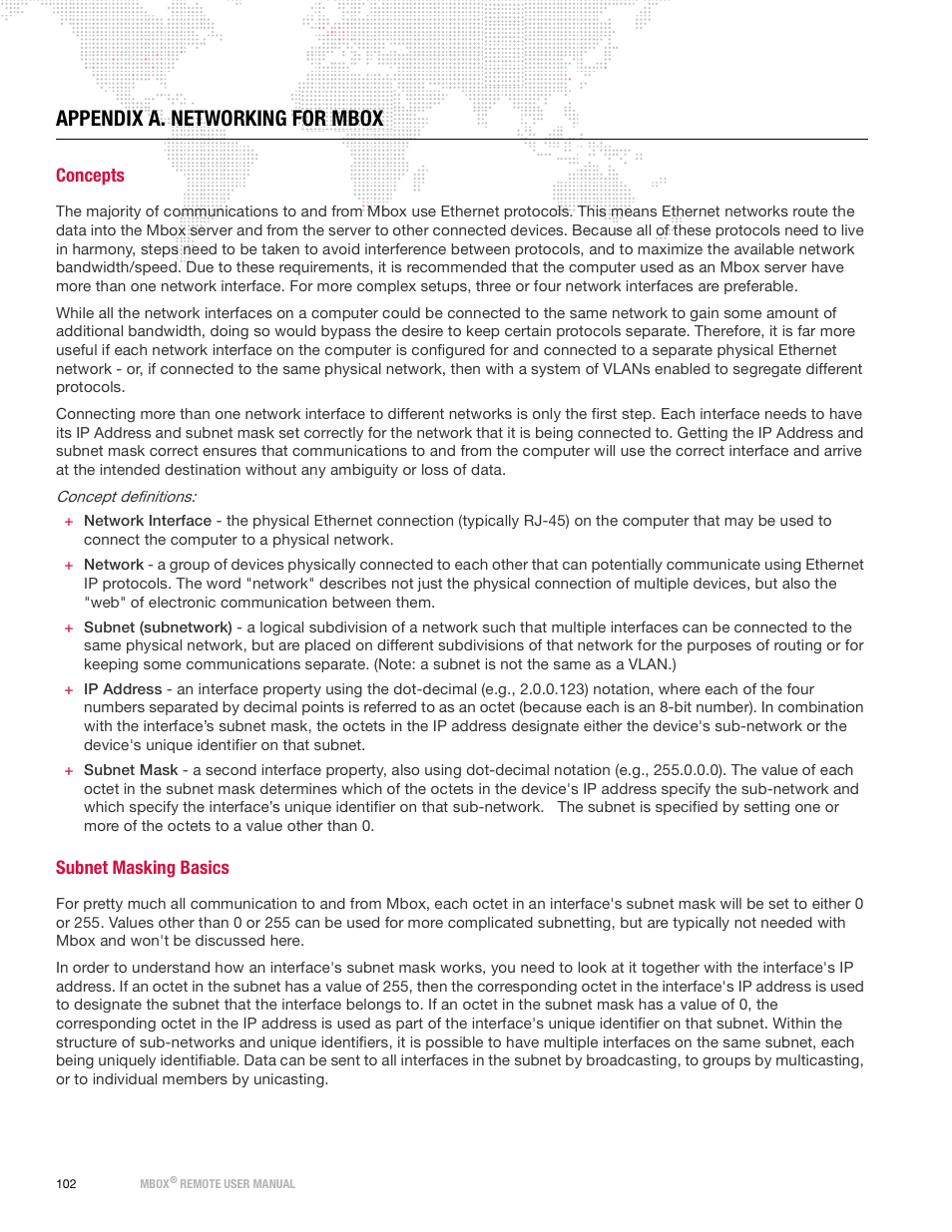 Appendix a. networking for mbox, Concepts, Subnet masking basics | Appendix a, Networking for mbox | PRG Mbox Remote Manual 3.9 User Manual | Page 108 / 114