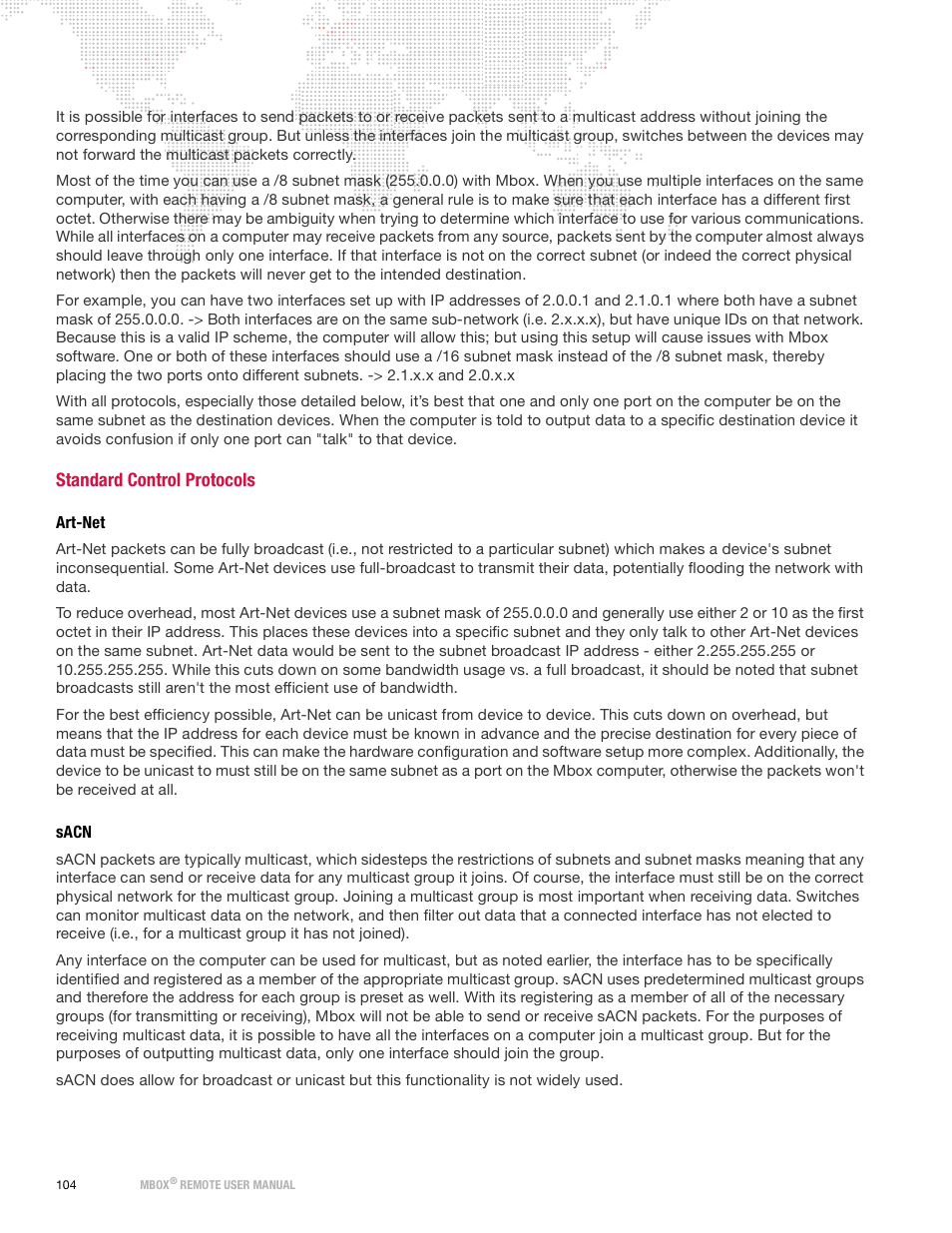 Standard control protocols, Art-net, Sacn | PRG Mbox Remote Manual 3.9 User Manual | Page 110 / 114