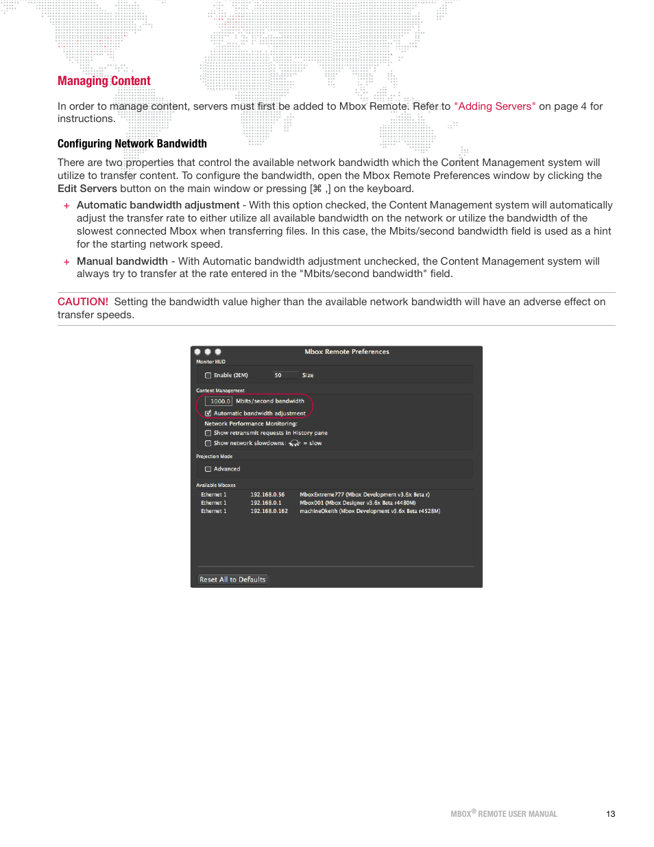 Managing content, Configuring network bandwidth | PRG Mbox Remote Manual 3.9 User Manual | Page 19 / 114