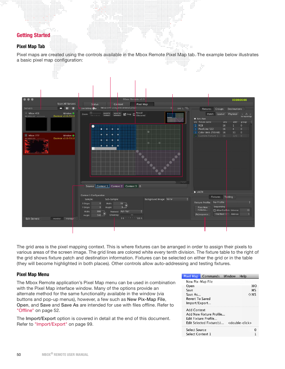 Getting started, Pixel map tab, Pixel map menu | PRG Mbox Remote Manual 3.9 User Manual | Page 56 / 114