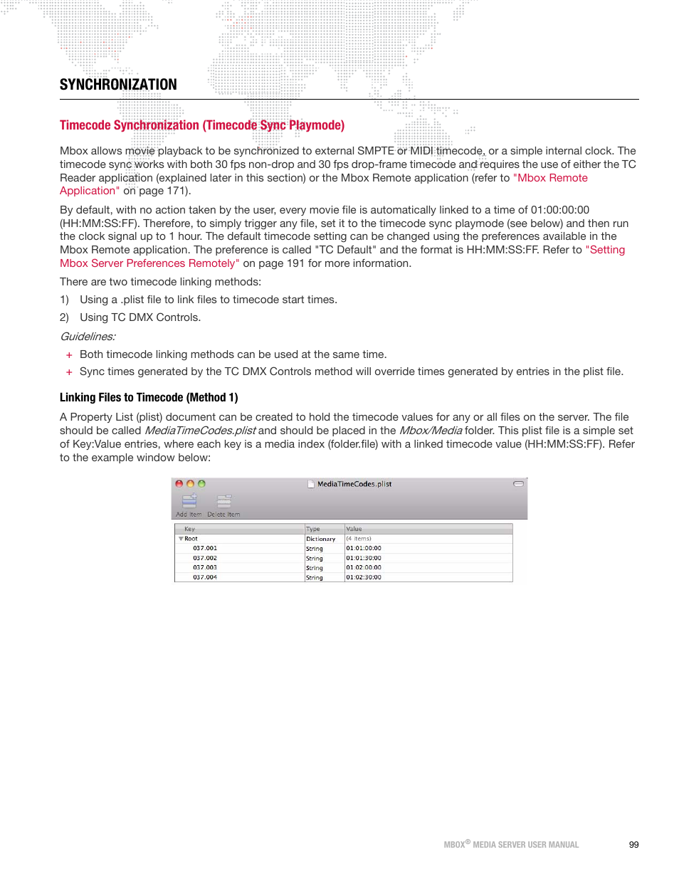 Synchronization, Timecode synchronization (timecode sync playmode), Linking files to timecode (method 1) | PRG Mbox Designer Manual 3.8 User Manual | Page 107 / 244