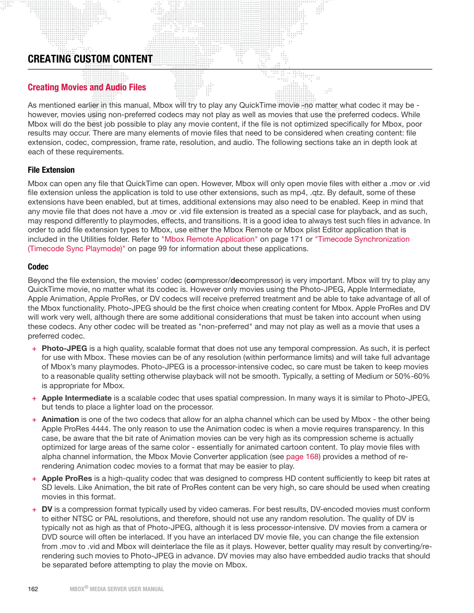 Creating custom content, Creating movies and audio files, File extension | Codec, File extension codec | PRG Mbox Designer Manual 3.8 User Manual | Page 170 / 244