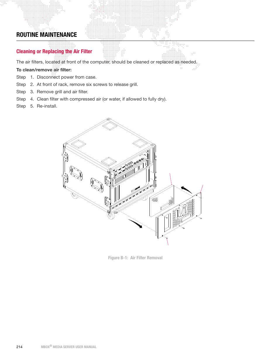 Routine maintenance, Cleaning or replacing the air filter | PRG Mbox Designer Manual 3.8 User Manual | Page 222 / 244