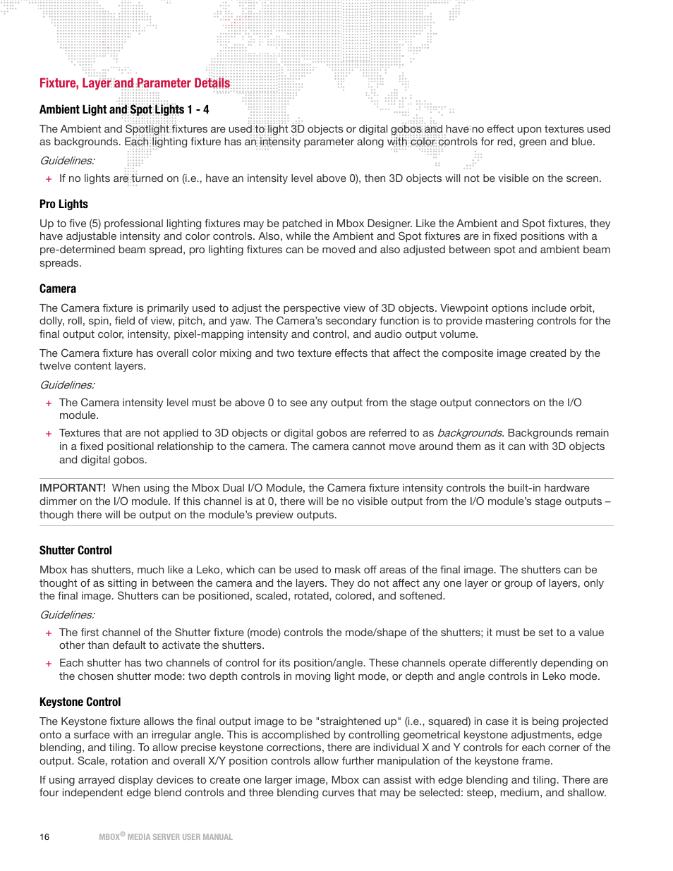 Fixture, layer and parameter details, Ambient light and spot lights 1 - 4, Pro lights | Camera, Shutter control, Keystone control | PRG Mbox Designer Manual 3.8 User Manual | Page 24 / 244