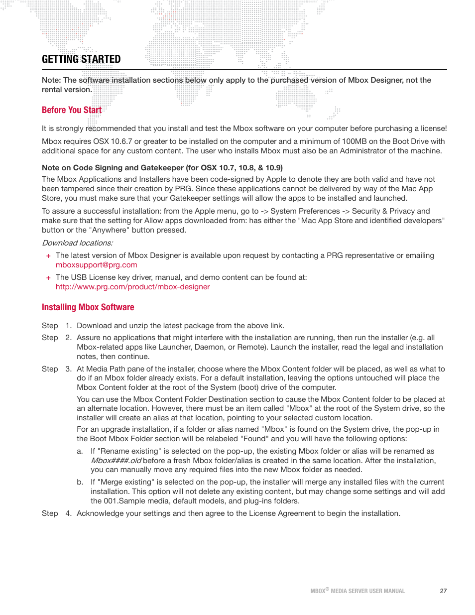 Getting started, Before you start, Installing mbox software | Before you start installing mbox software | PRG Mbox Designer Manual 3.8 User Manual | Page 35 / 244