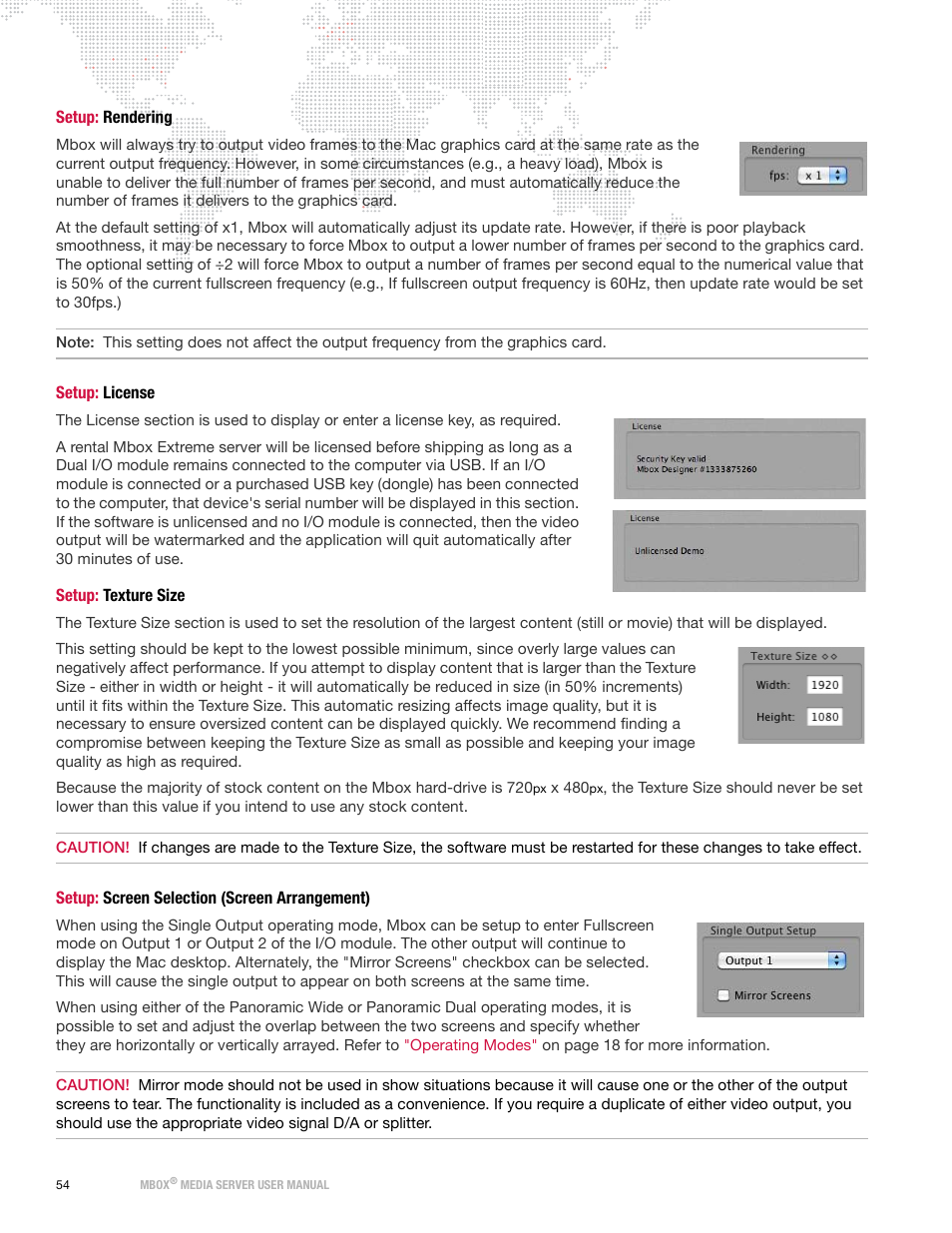 Setup: rendering, Setup: license, Setup: texture size | Setup: screen selection (screen arrangement) | PRG Mbox Designer Manual 3.8 User Manual | Page 62 / 244