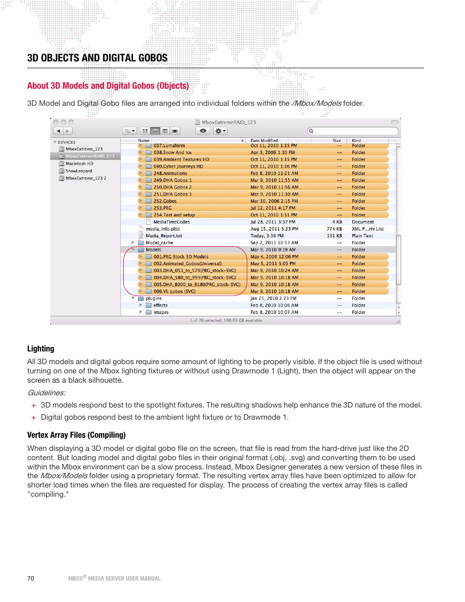 3d objects and digital gobos, About 3d models and digital gobos (objects), Lighting | Vertex array files (compiling), Lighting vertex array files (compiling) | PRG Mbox Designer Manual 3.8 User Manual | Page 78 / 244