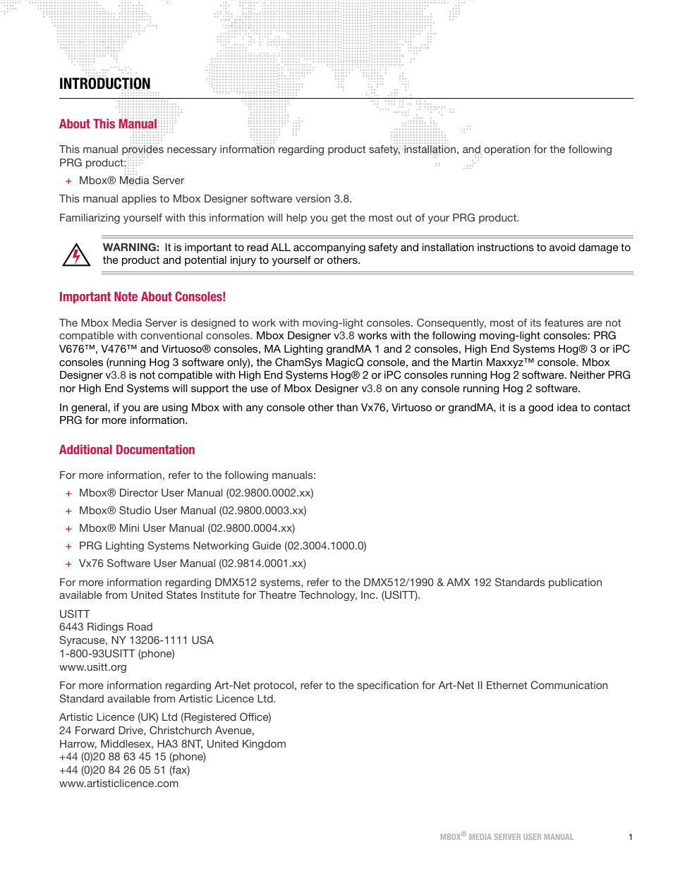 Introduction, About this manual, Important note about consoles | Additional documentation | PRG Mbox Designer Manual 3.8 User Manual | Page 9 / 244