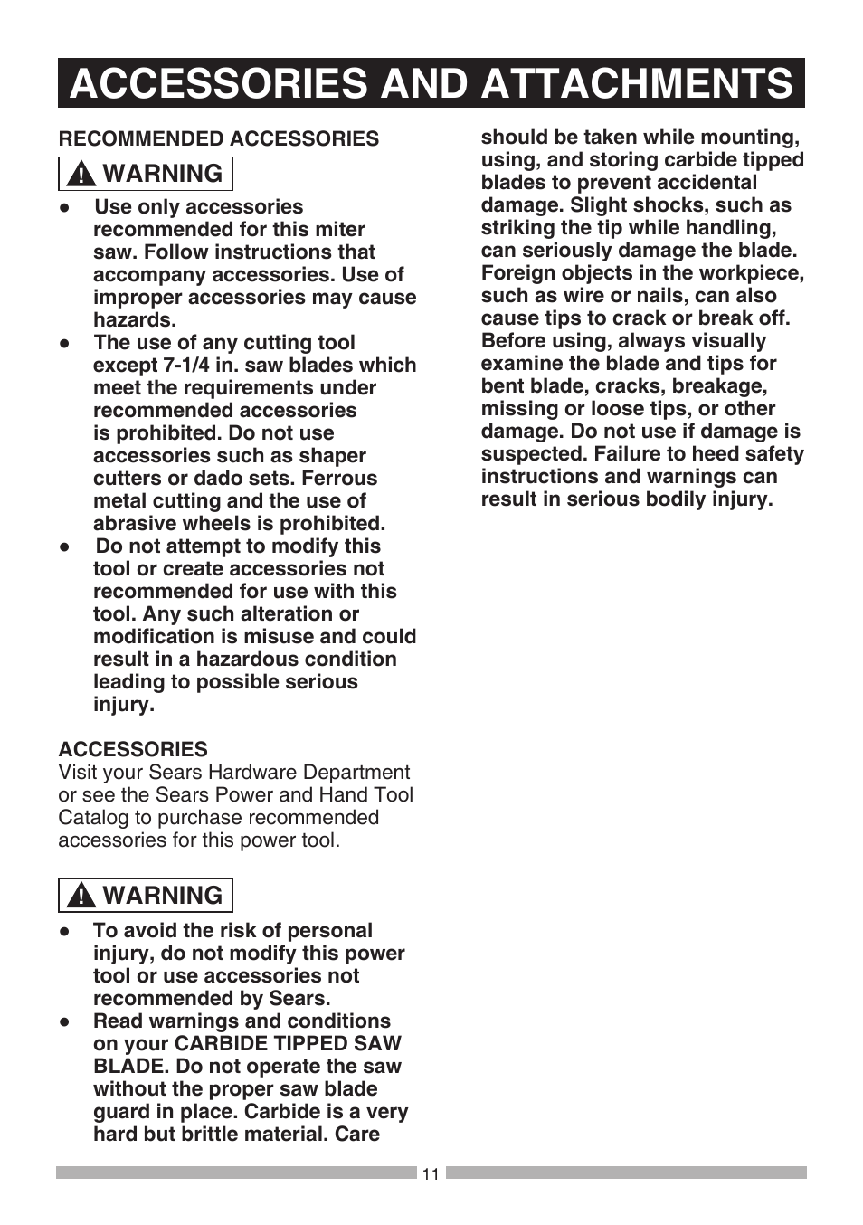 Accessories and attachments, Warning | Craftsman 137.21194 User Manual | Page 11 / 44