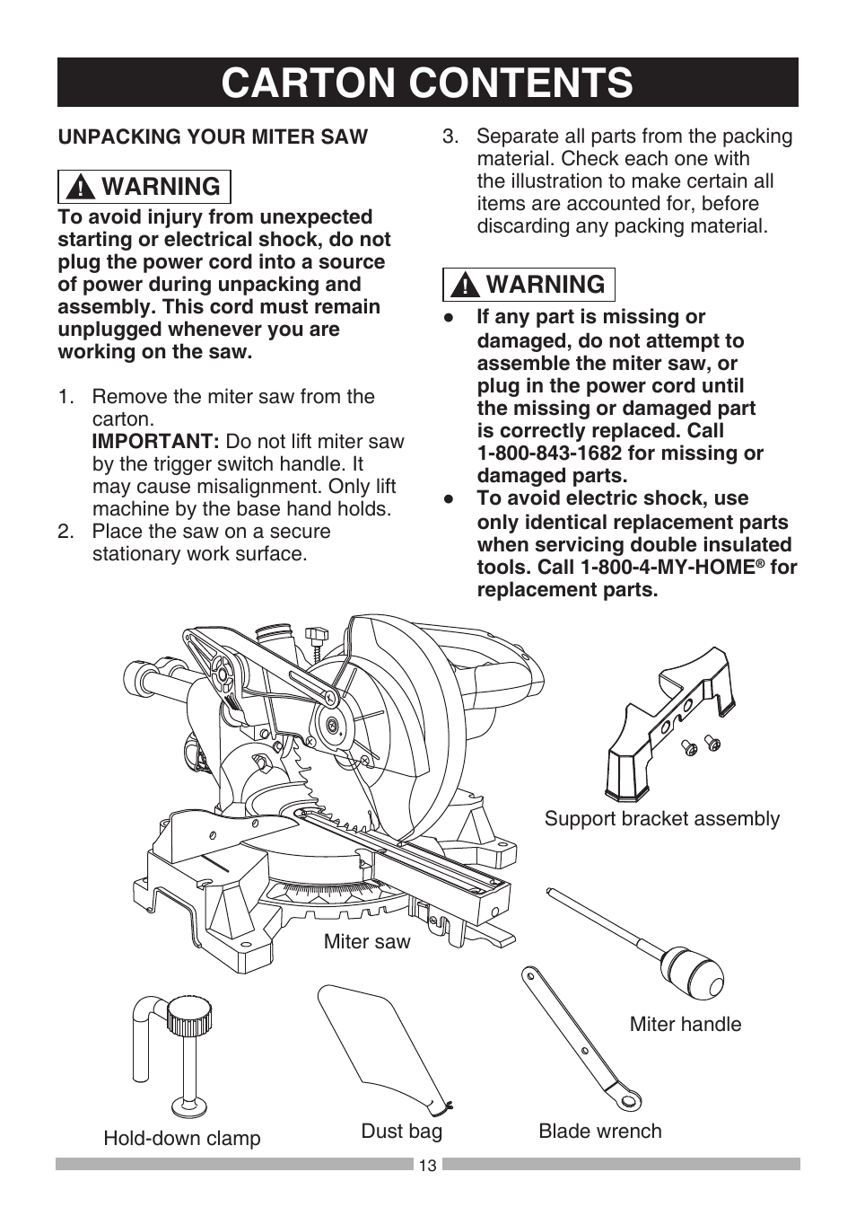 Carton contents, Warning | Craftsman 137.21194 User Manual | Page 13 / 44