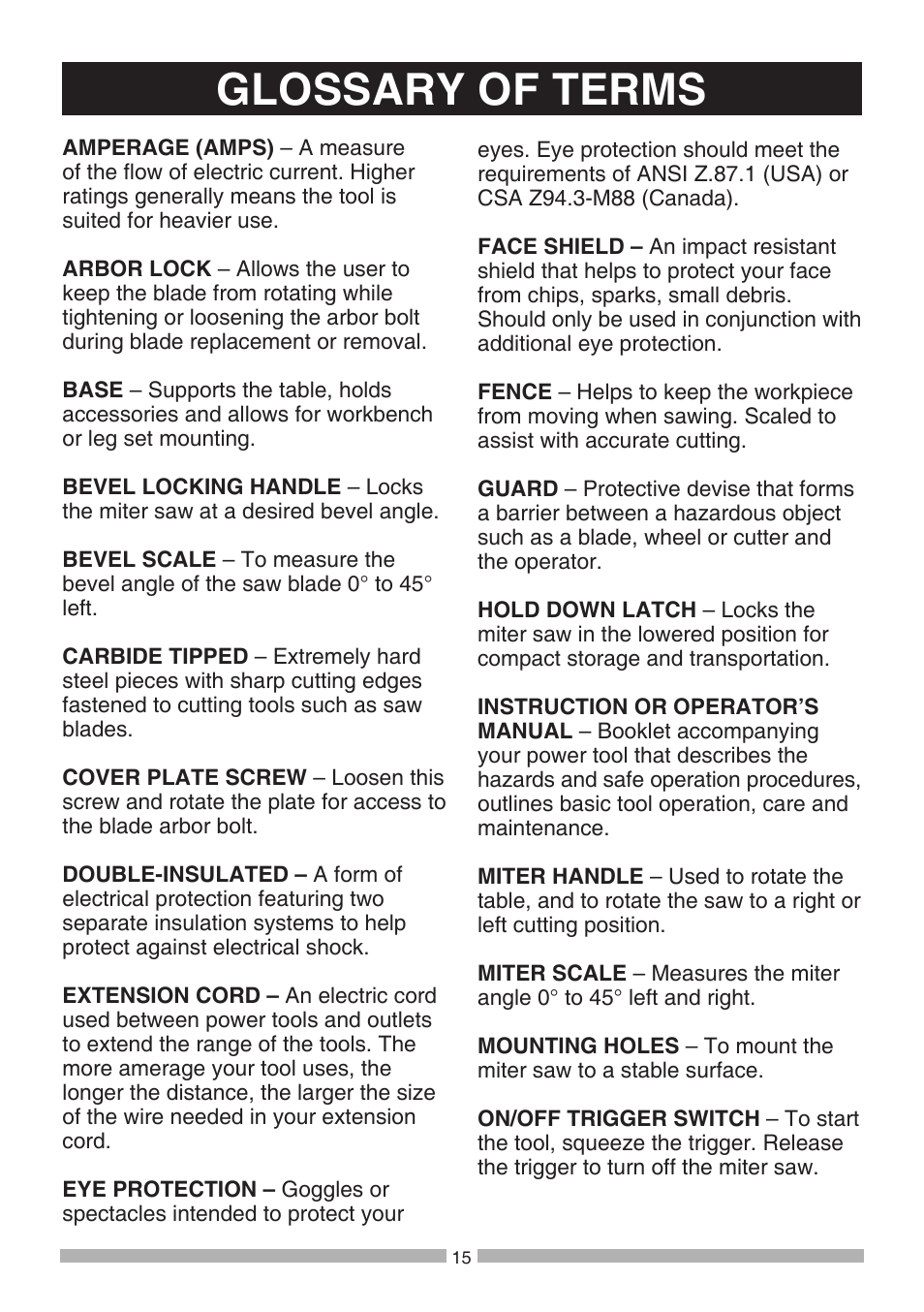 Glossary of terms | Craftsman 137.21194 User Manual | Page 15 / 44