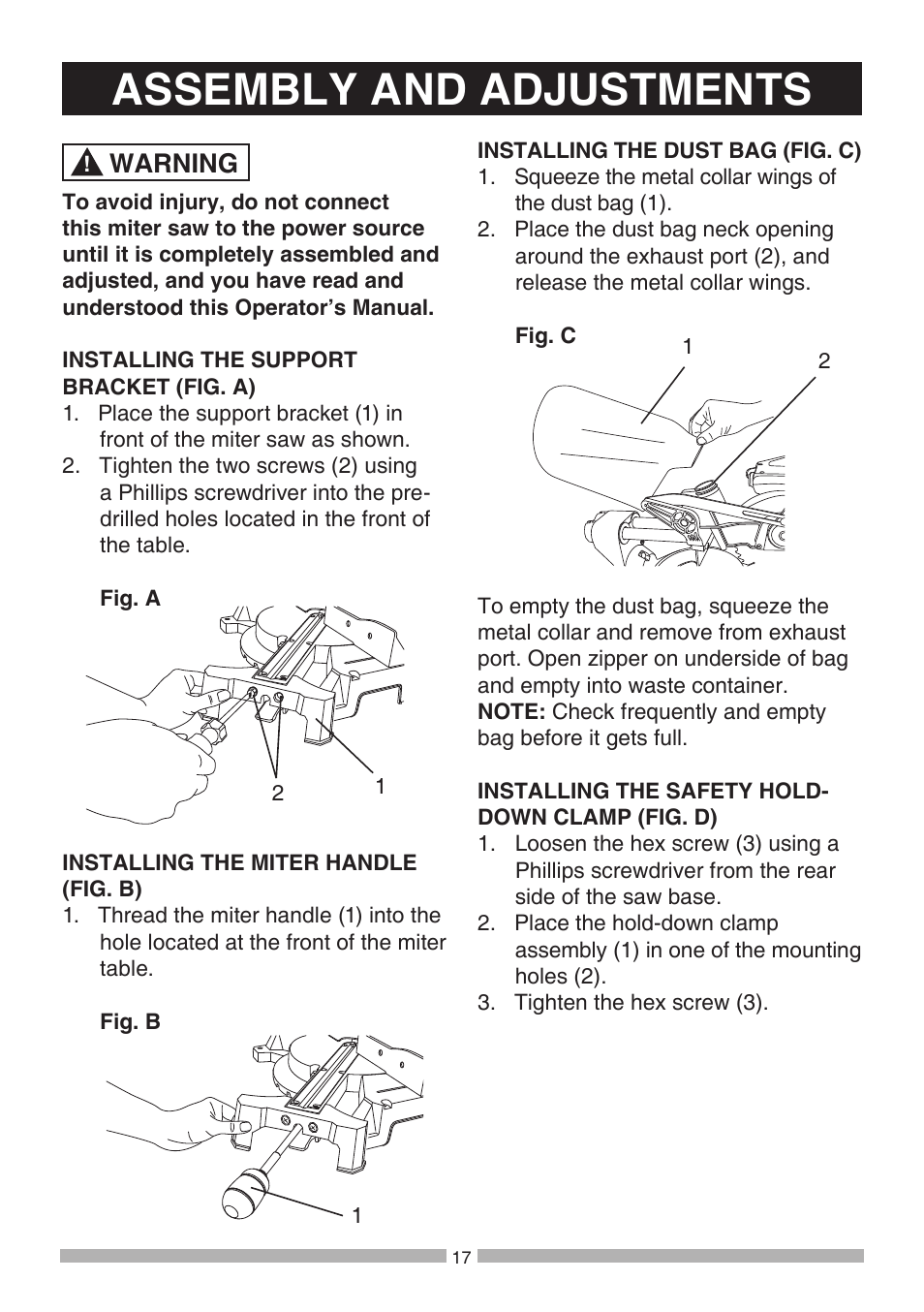 Assembly and adjustments, Warning | Craftsman 137.21194 User Manual | Page 17 / 44