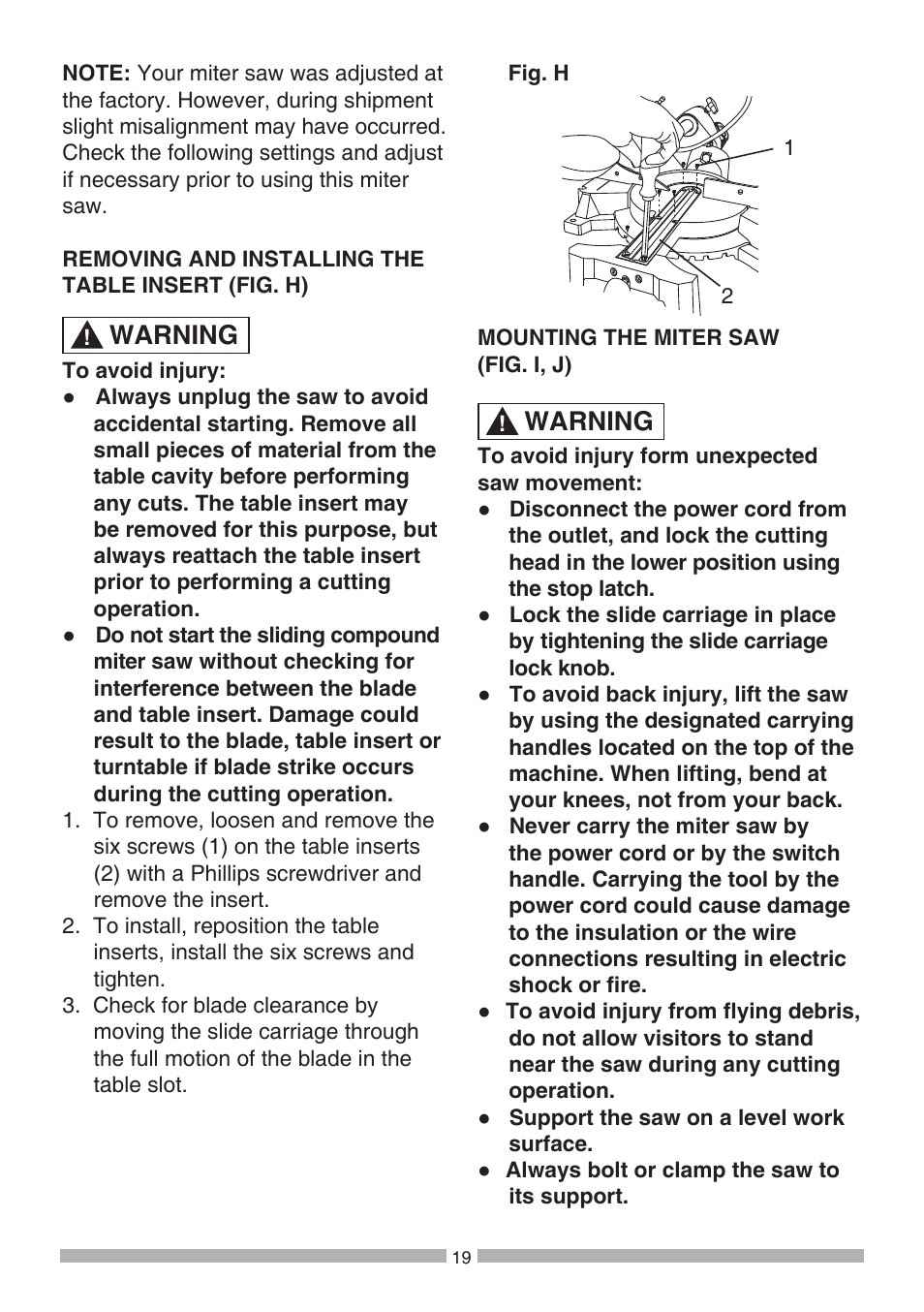 Warning | Craftsman 137.21194 User Manual | Page 19 / 44