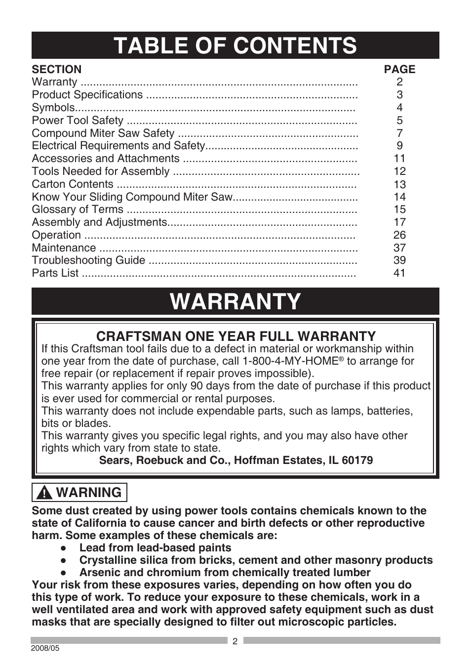 Table of contents warranty, Craftsman one year full warranty, Warning | Craftsman 137.21194 User Manual | Page 2 / 44