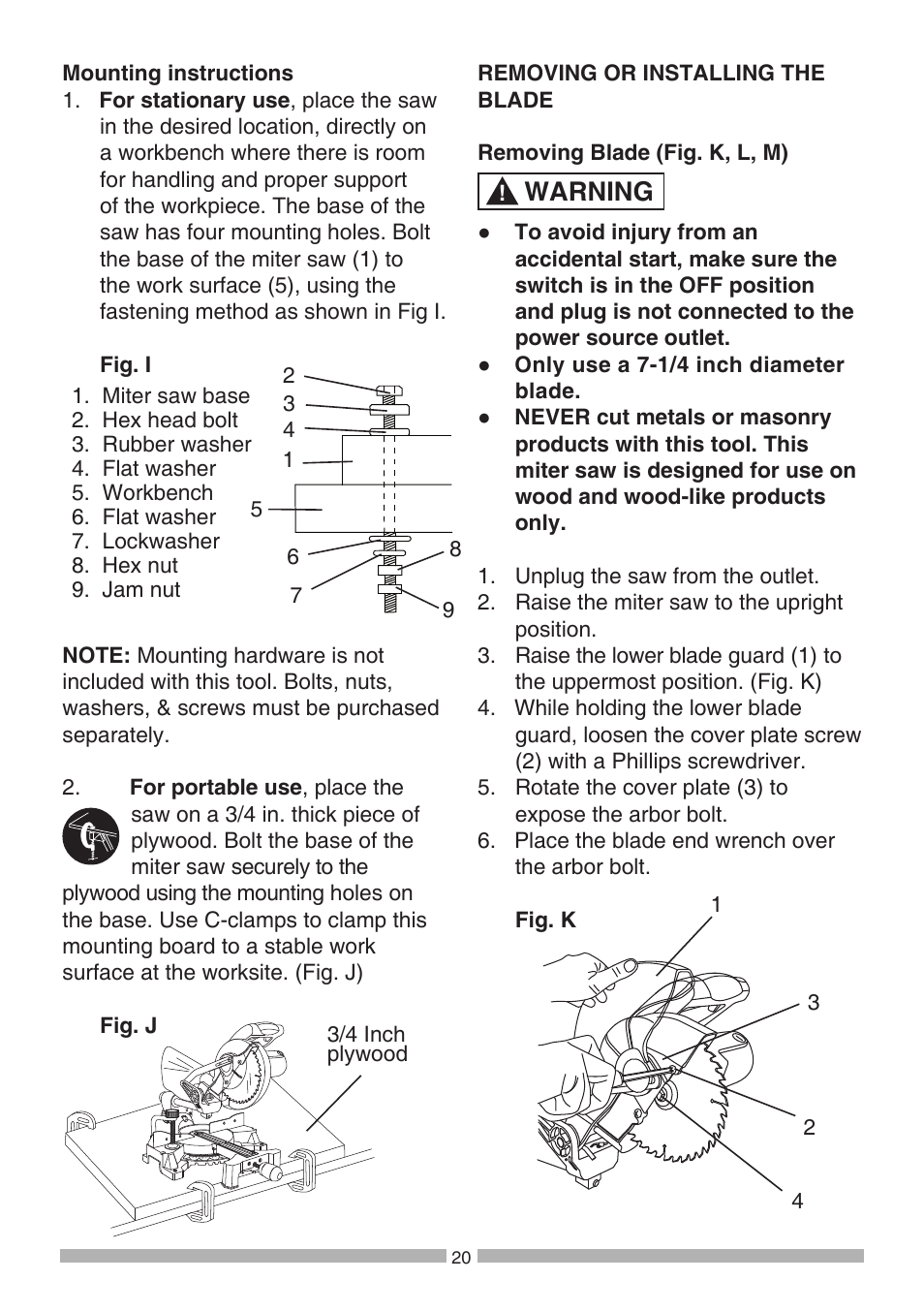 Warning | Craftsman 137.21194 User Manual | Page 20 / 44