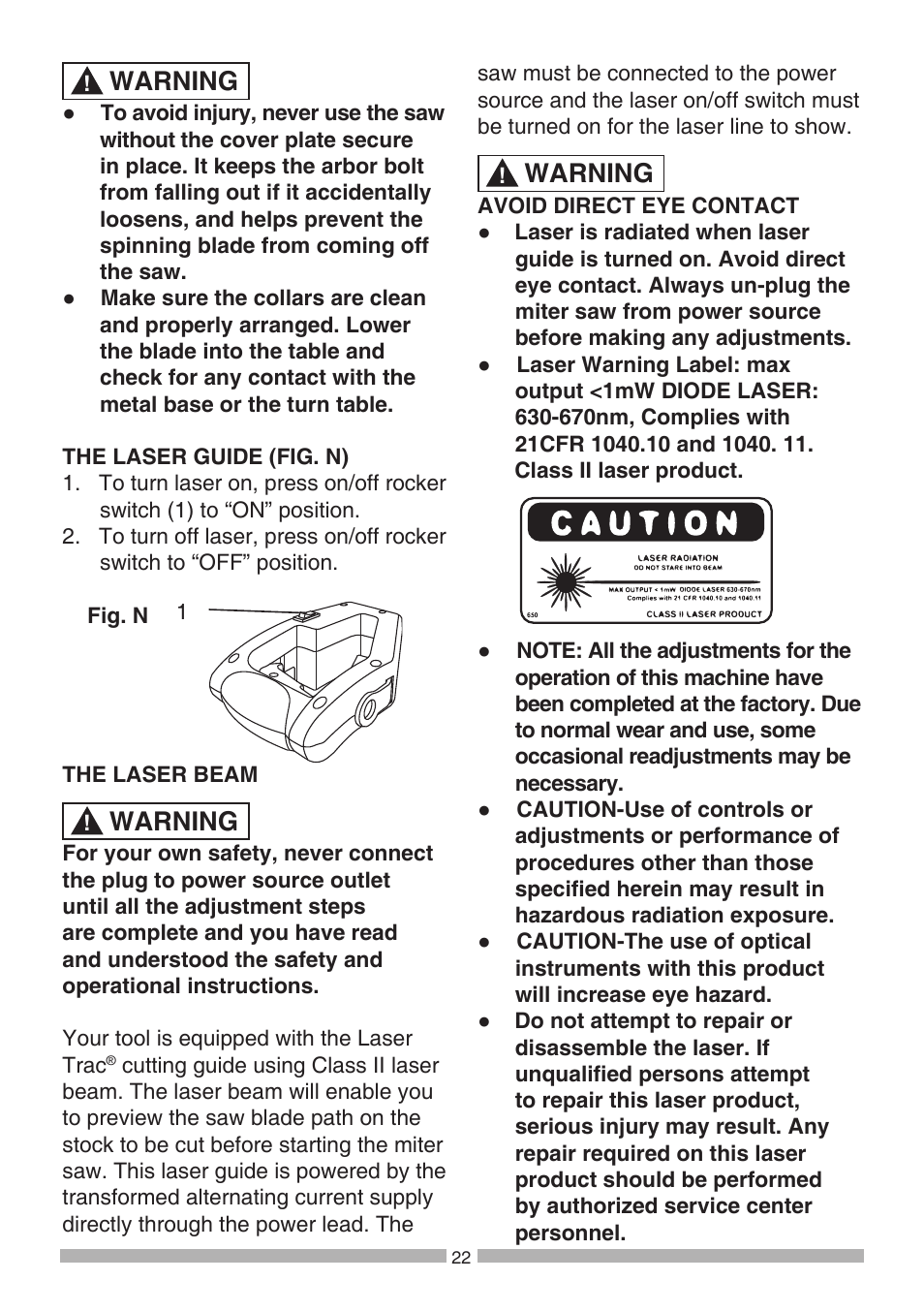 Warning | Craftsman 137.21194 User Manual | Page 22 / 44