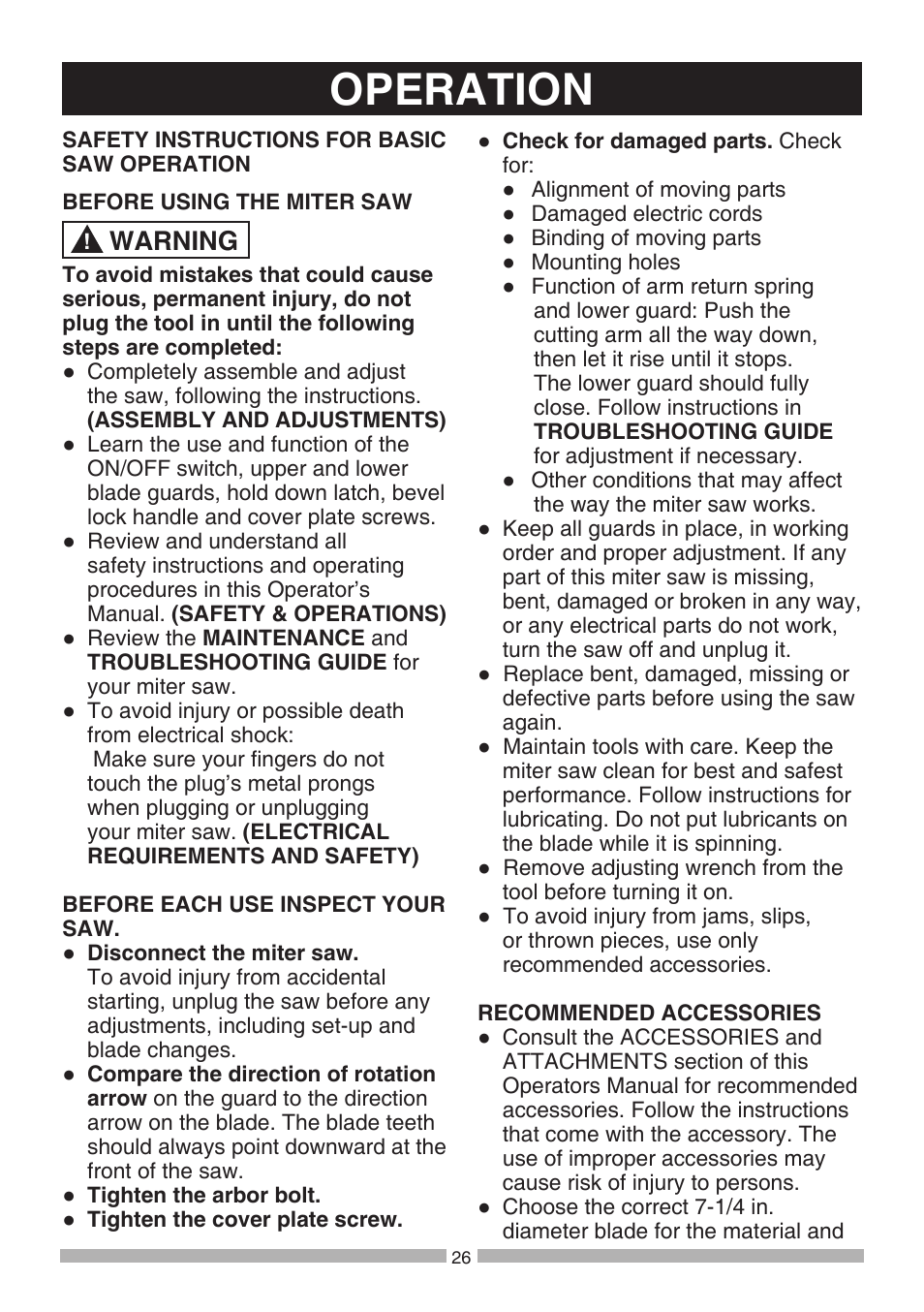 Operation, Warning | Craftsman 137.21194 User Manual | Page 26 / 44