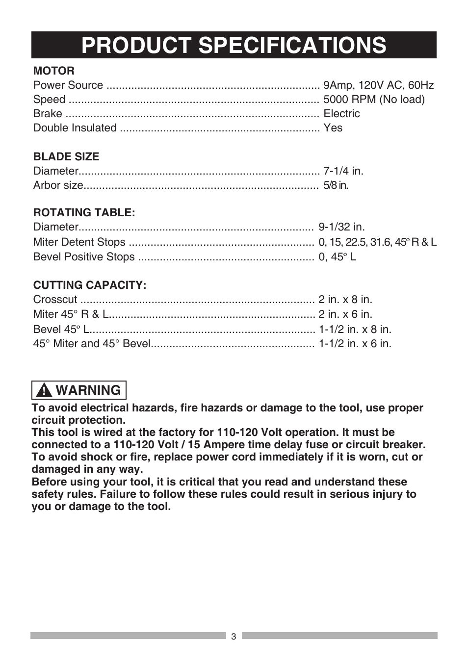 Product specifications, Warning | Craftsman 137.21194 User Manual | Page 3 / 44