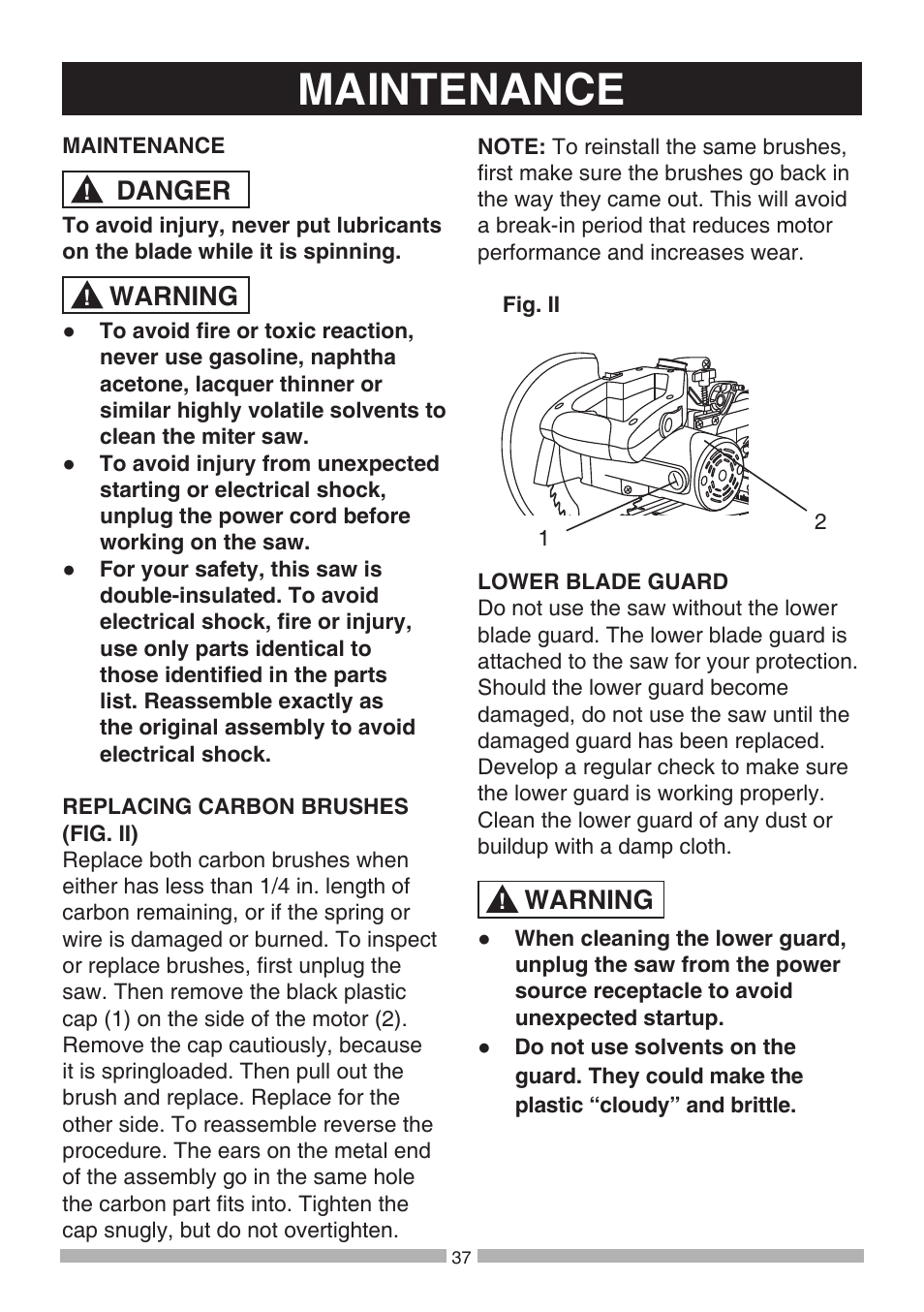 Maintenance, Danger, Warning | Craftsman 137.21194 User Manual | Page 37 / 44