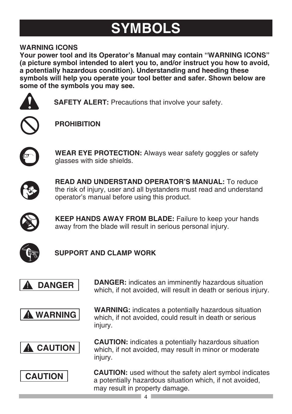 Symbols | Craftsman 137.21194 User Manual | Page 4 / 44