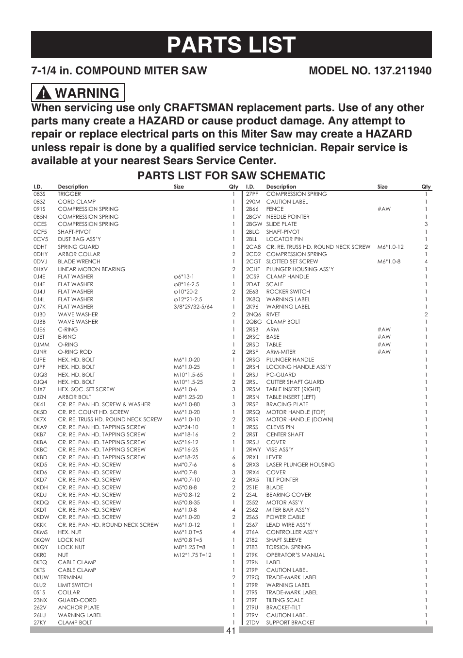 Parts list, Warning | Craftsman 137.21194 User Manual | Page 41 / 44