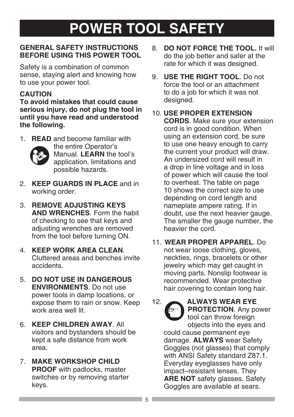 Power tool safety | Craftsman 137.21194 User Manual | Page 5 / 44