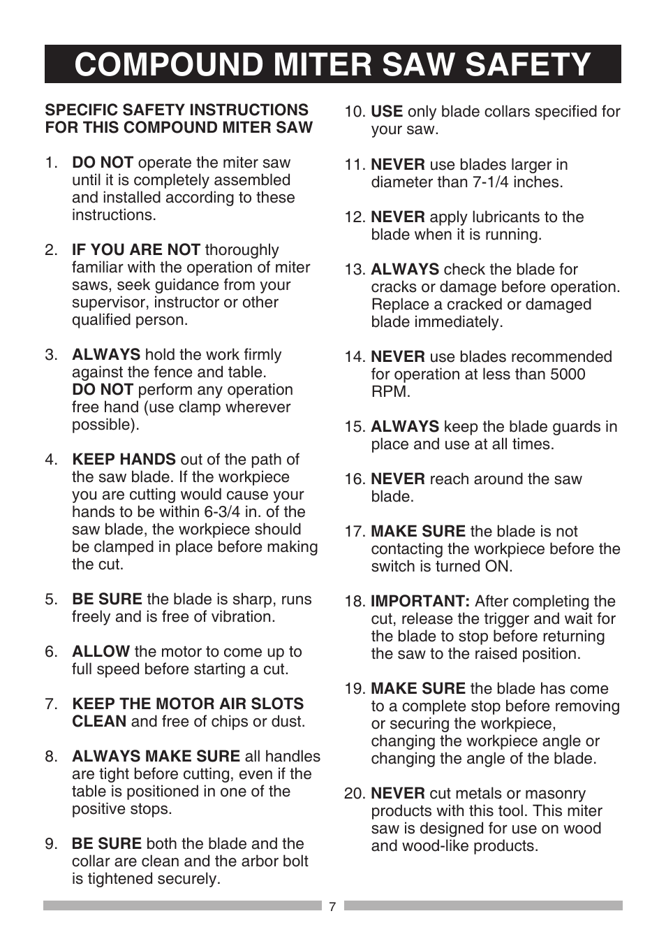 Compound miter saw safety | Craftsman 137.21194 User Manual | Page 7 / 44