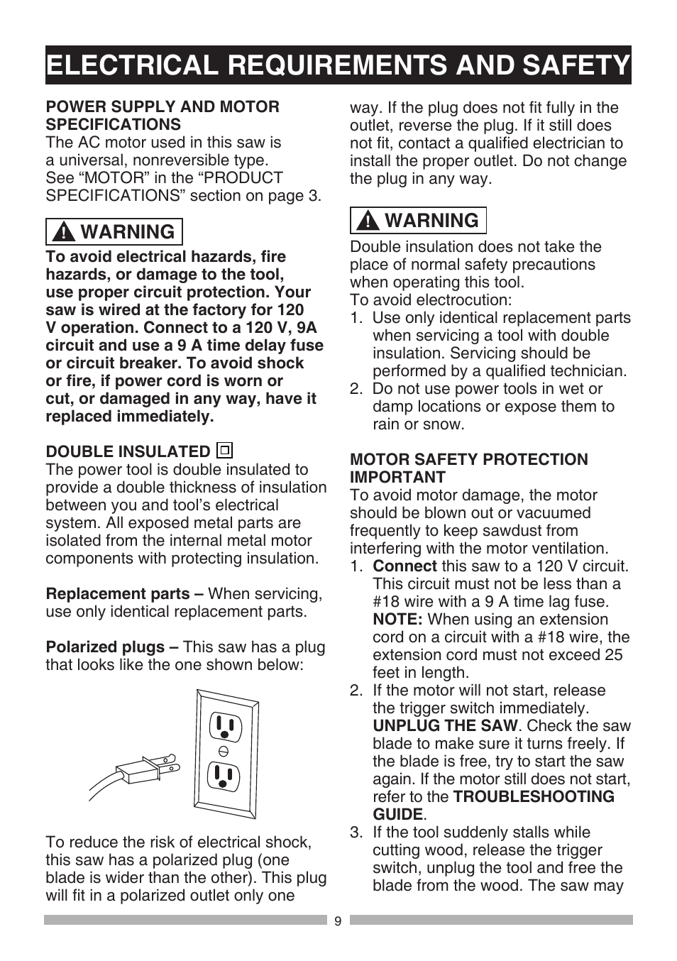 Electrical requirements and safety, Warning | Craftsman 137.21194 User Manual | Page 9 / 44