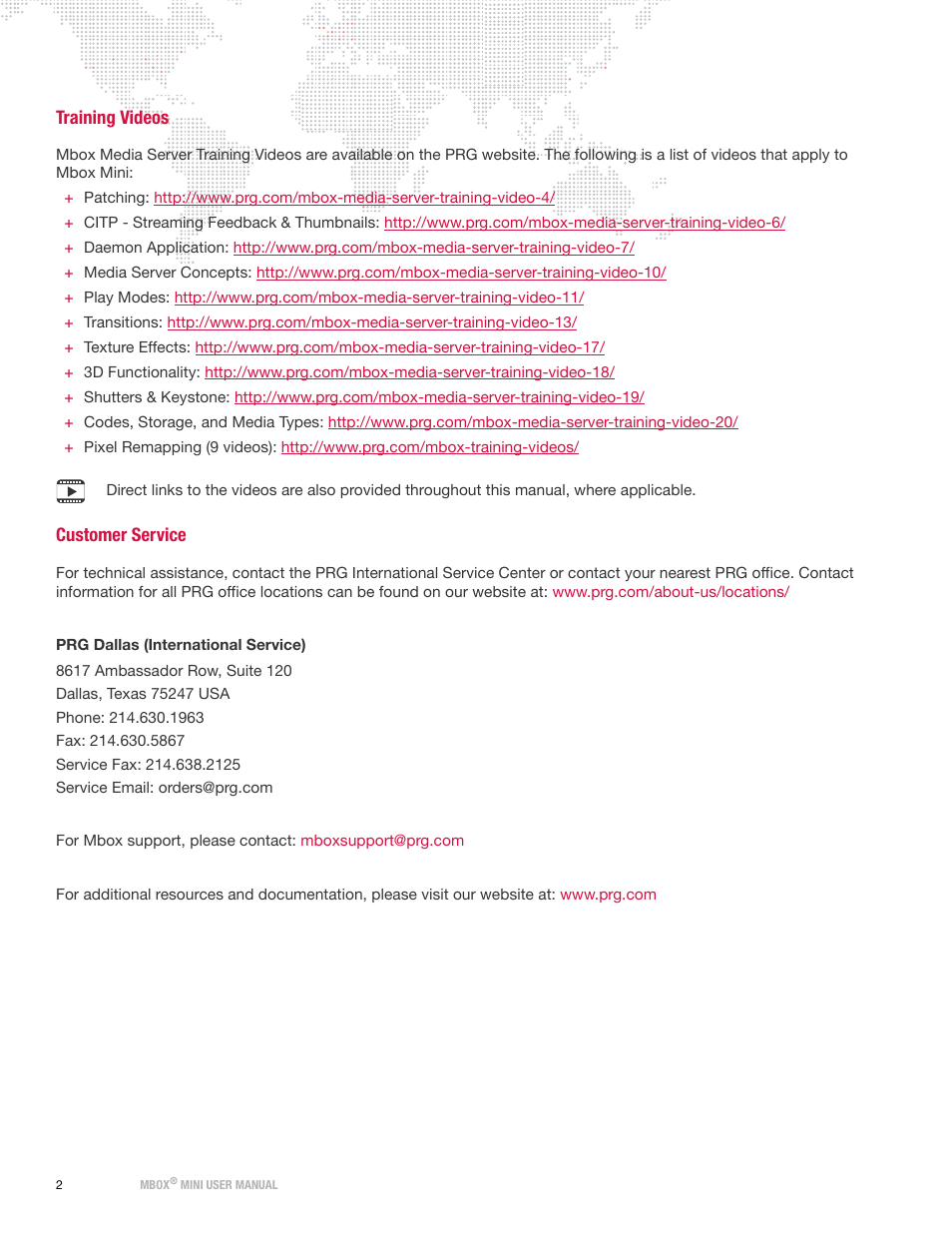 Training videos, Customer service, Training videos customer service | PRG Mbox Mini Manual 3.8 User Manual | Page 10 / 192