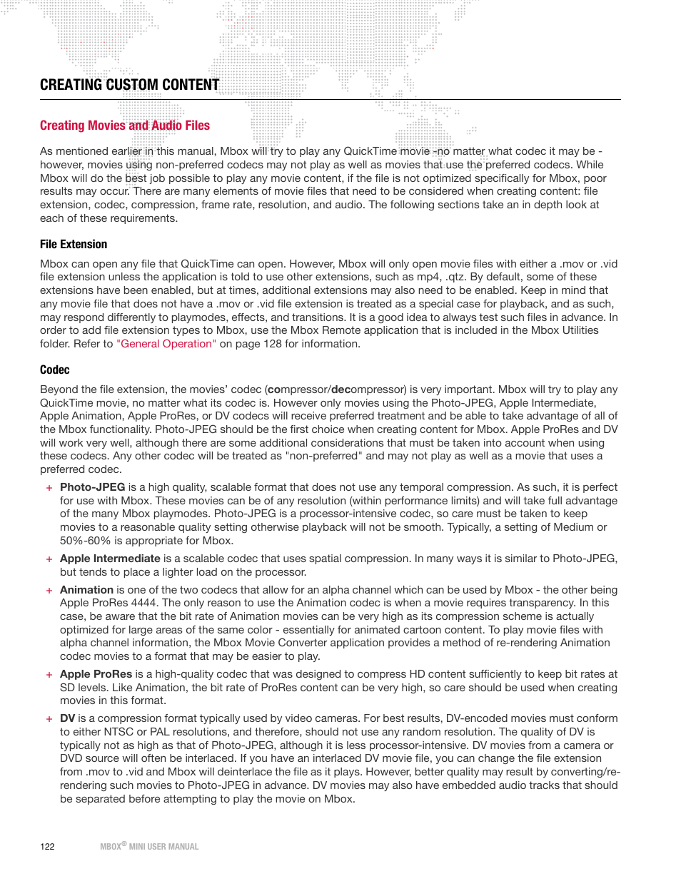 Creating custom content, Creating movies and audio files, File extension | Codec, File extension codec | PRG Mbox Mini Manual 3.8 User Manual | Page 130 / 192
