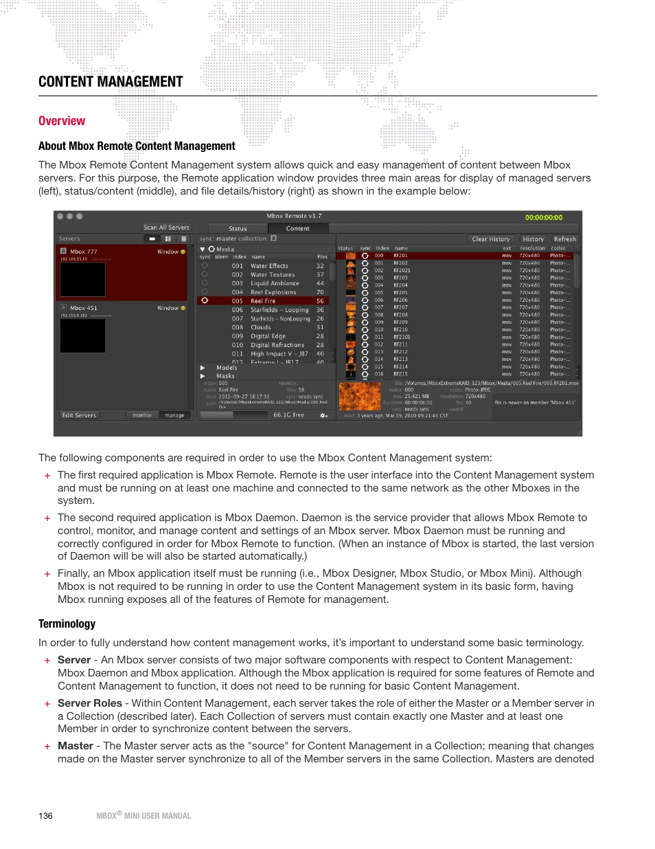 Content management, Overview, About mbox remote content management | Terminology, About mbox remote content management terminology | PRG Mbox Mini Manual 3.8 User Manual | Page 144 / 192